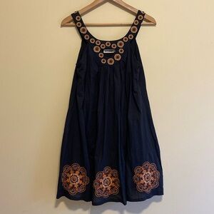 Jaune Rouge 100% Cotton Mini Dress Boho Beaded Mandala Floral Embroidered Black